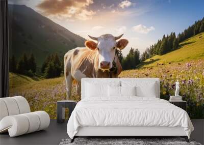 a cow standing in a mountain meadow of wild flowers Wall mural