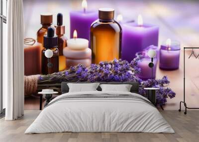 lavender spa cosmetics soap essential oils aromatherapy candles and flowers Wall mural