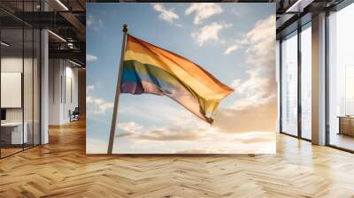 rainbow flag waving in the wind against blue sky with white clouds Wall mural