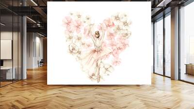 Watercolor dancing ballerina composition with flowers.Pink pretty ballerina. Watercolor hand draw illustration. Can be used for cards or posters. With white isolated background. Illustartion Wall mural