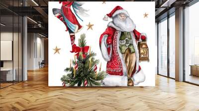 Watercolor illustration of Santa Claus Christmas tree and elf. Greeting New Year's card, Santa Claus with long white beard. Santa in red coat with white ornament. Handmade painting. Wall mural