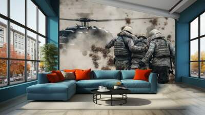 Two army soldiers helping a wounded soldier between the smoke and gas on the battlefield on the way to the helicopter Wall mural