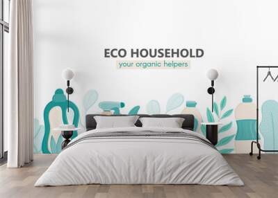 Background with eco friendly household cleaning supplies and leaves. Natural detergents. Products for house washing. Green home. Flat design. Banner, brochure, lable, package. Vector illustration Wall mural