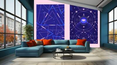 Set of vector illustrations of abstract celestial bodies. Constellations, stars, planets. Space universe. Esoteric cosmic designs for posters, notebook covers. Blue and golden colors Wall mural