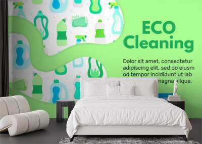 Vector background with eco friendly household cleaning supplies. Natural detergents. Landing page template. Products for house washing. Green home. Online store. Banner, mailing, advertising, label Wall mural