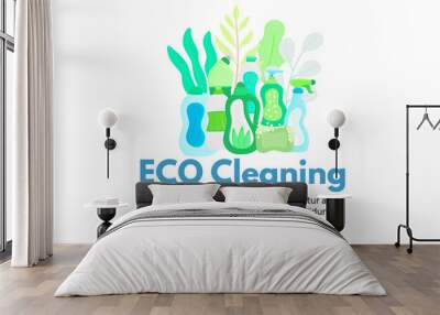 Vector background with eco friendly household cleaning supplies. Natural detergents. Landing page template. Products for house washing. Green home. Online store. Banner, mailing, advertising, label Wall mural