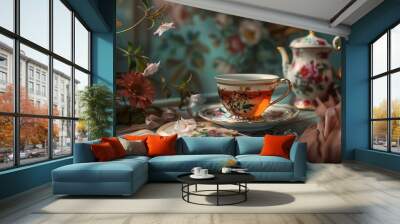 A glass cup of tea and its saucer bask in the warm glow of sunlight on a light table, creating a serene and inviting moment. Wall mural