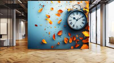 Daylight Saving Time ends , with clocks turning back, autumn leaves falling on blue background Wall mural