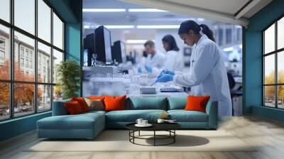 Wide shot of a hospital’s diagnostic lab with staff processing and analyzing test samples Wall mural