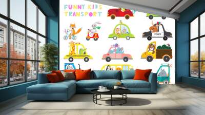  Set of kids transport with animal on white background . Collection funny cars. Vector illustration Wall mural