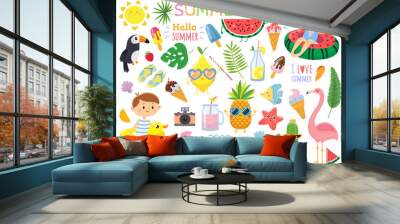 Summer set with cute elements.Funny fruits, drinks, tropical. leafs, ice cream and bird. Kids on swimming circles.Vector illustration on white background Wall mural