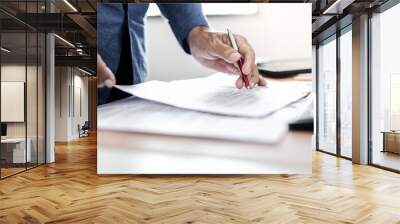 Close-up shot, asian businessman working on desk holding pen checking business contract and document report before sign Wall mural