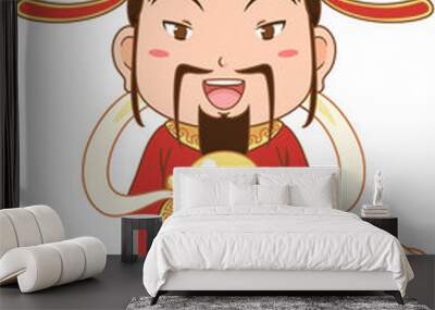 Cartoon character of God of Wealth holding gold ingot for Chinese new year celebration.	 Wall mural