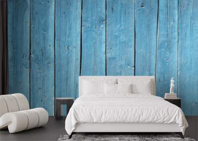 blue fence made of old wooden boards, texture and structure of wood, boards close-up, knots, background for design Wall mural