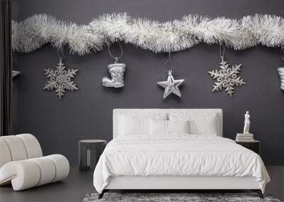 christmas banner, silver christmas decorations on black background, happy new year background, layout on black, free space, blank for design Wall mural