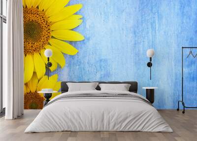 summer background with sunflower on blue wooden background, welcome summer, free space, place for text, mock up for design Wall mural