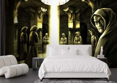 The mystic ritual in the dark temple. Wall mural