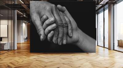 The hands of an old man and a child hold each other against a black background. Wall mural