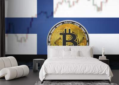 BITCOIN (BTC) cryptocurrency; coin bitcoin on the background of the flag of Finland Wall mural