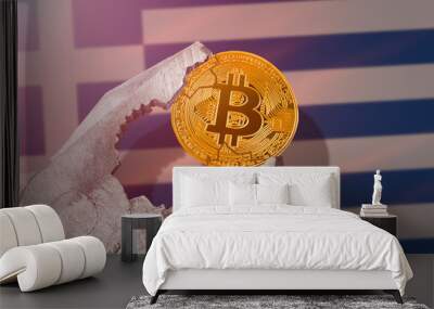 Bitcoin regulation in Greece; bitcoin btc coin being squeezed in vice on Greece flag background; limitation, prohibition, illegally, banned	 Wall mural