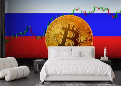 Bitcoin Russia; bitcoin (BTC) coin on the background of the flag of Russia Wall mural