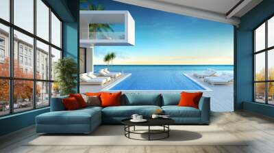 Beach lounge, sun loungers on Sunbathing deck and private swimming pool with  panoramic sea view at Modern villa/3d rendering Wall mural