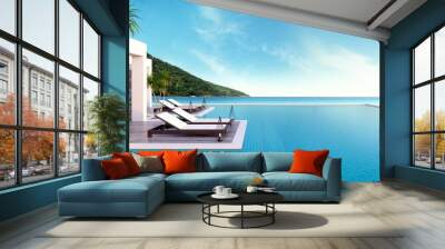 Beach lounge ,sun loungers on Sunbathing deck and private swimming pool with  panoramic sea view at luxury villa/3d rendering Wall mural