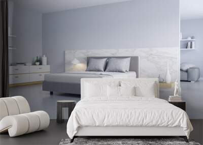 Bedroom and Modern Loft style.,Cozy white and gray room minimalist concept ,bed with Polished concrete floor and white wall ,3d rendering Wall mural