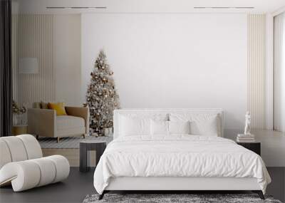 Christmas and happy new year with Minimal interior lliving room ,christmas tree ,white wall background ,wood floor ,3d render Wall mural