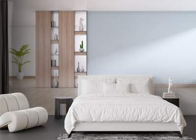 empty interior room ,gray wall  with wood shelf and Engineered wood flooring ,3d rendering Wall mural