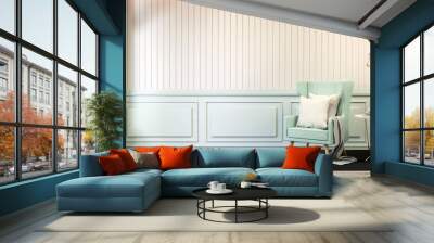 interior room chic style ,blue pastel sofa  with gold lamp on white wall and wood floor,soft light,3d render Wall mural