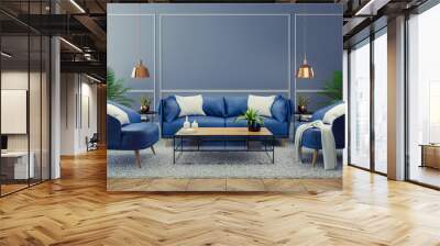 Luxury modern interior of living room ,Blue room decor concept ,Blue sofa and black table with gold lamp on light blue wall and woodfloor ,3d render Wall mural