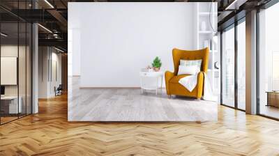 Modern and minimalist interior of living room ,Yellow armchair with white table on white wall and wood floor ,3d render Wall mural