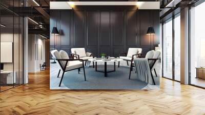 modern contemporary meeting room interior ,white armchair and white cabinet and table on wood floor and classic black wall,3d rendering Wall mural