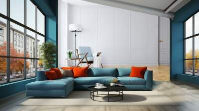 modern interior of living room, blue armchair near black lamp and wood table on parguet flooring and Wall mural