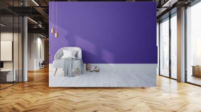 modern interior of living room ,ultraviolet home decor concept, gray armchair on purple wall and whi Wall mural