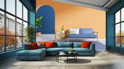 Modern living room ,blue modern furniture with orange wall and white floor,warm and cozy. Orange is a beautiful and contemporary, 3d render Wall mural