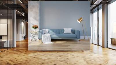 Modern loft and vintage interior of living room, Blue sofa with gold lamp on wood flooring and blue wall  ,3d rendering Wall mural