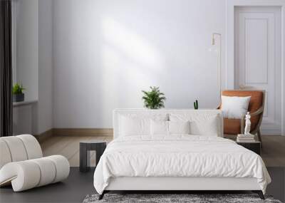 modern mid century and minimalist interior of living room ,leather armchair with table on white wall Wall mural