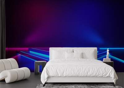 Triangle stage with and and purple neon  light ,abstract fustic background,ultraviolet  concept,3d render Wall mural