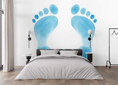 Watercolor hand drawn baby blue foot print isolated on white background Wall mural