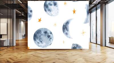 Watercolor hand drawn moon phases and stars seamless pattern isolated on white background. Space print for  textile, wallpaper, wrapping paper, background, design etc. Wall mural