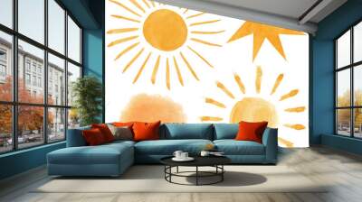 Yellow shiny sun set, watercolor hand drawn abstract illustration isolated on white background. Wall mural