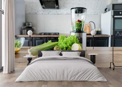 Blender with ingredients for smoothie and products on wooden table in kitchen Wall mural