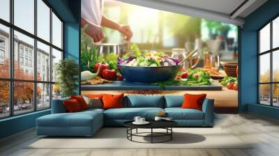 Joy of cooking healthy meals at home with fresh ingredients, cooking utensils, and a happy chef creating a nutritious Wall mural