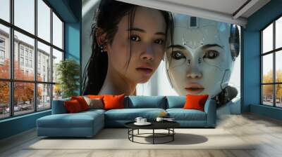 Robot android with human feelings. concept of love between human and robot, relationship and loneliness. Wall mural