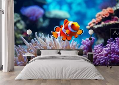 Tropical sea underwater anemon fishes on coral reef. Aquarium oceanarium wildlife Wall mural