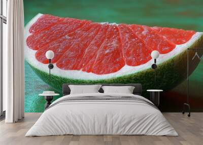 A beautifully sliced watermelon highlights its rich red interior surrounded by a crisp green rind inviting a refreshing taste on a warm summer day Wall mural