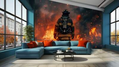 A firefighter stands courageously in front of a raging fire Wall mural