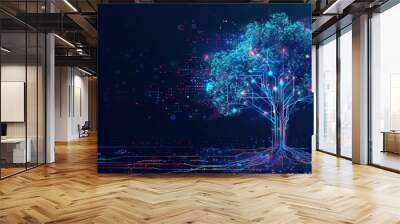 A glowing digital tree with glowing branches and roots Wall mural